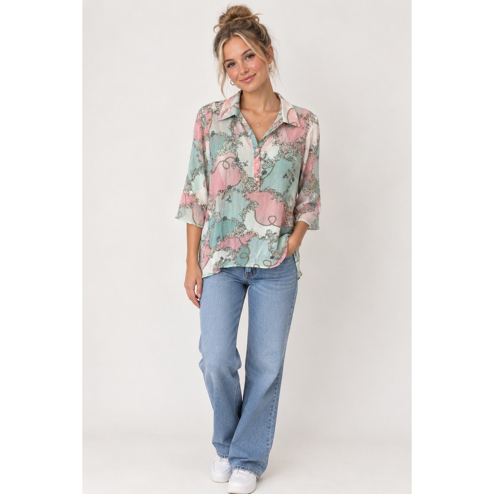 Zac & Rachel Womens Pastel Baroque Rope Print Sheer Tunic Blouse Pink Mint M